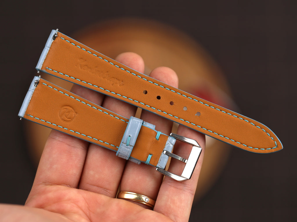 Bespoke Baby Blue Alligator Leather Watch Strap, Dress Watch Band, Flat Design