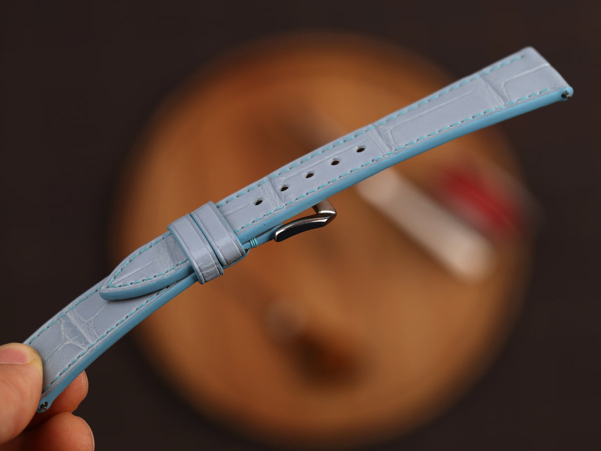 Bespoke Baby Blue Alligator Leather Watch Strap, Dress Watch Band, Flat Design