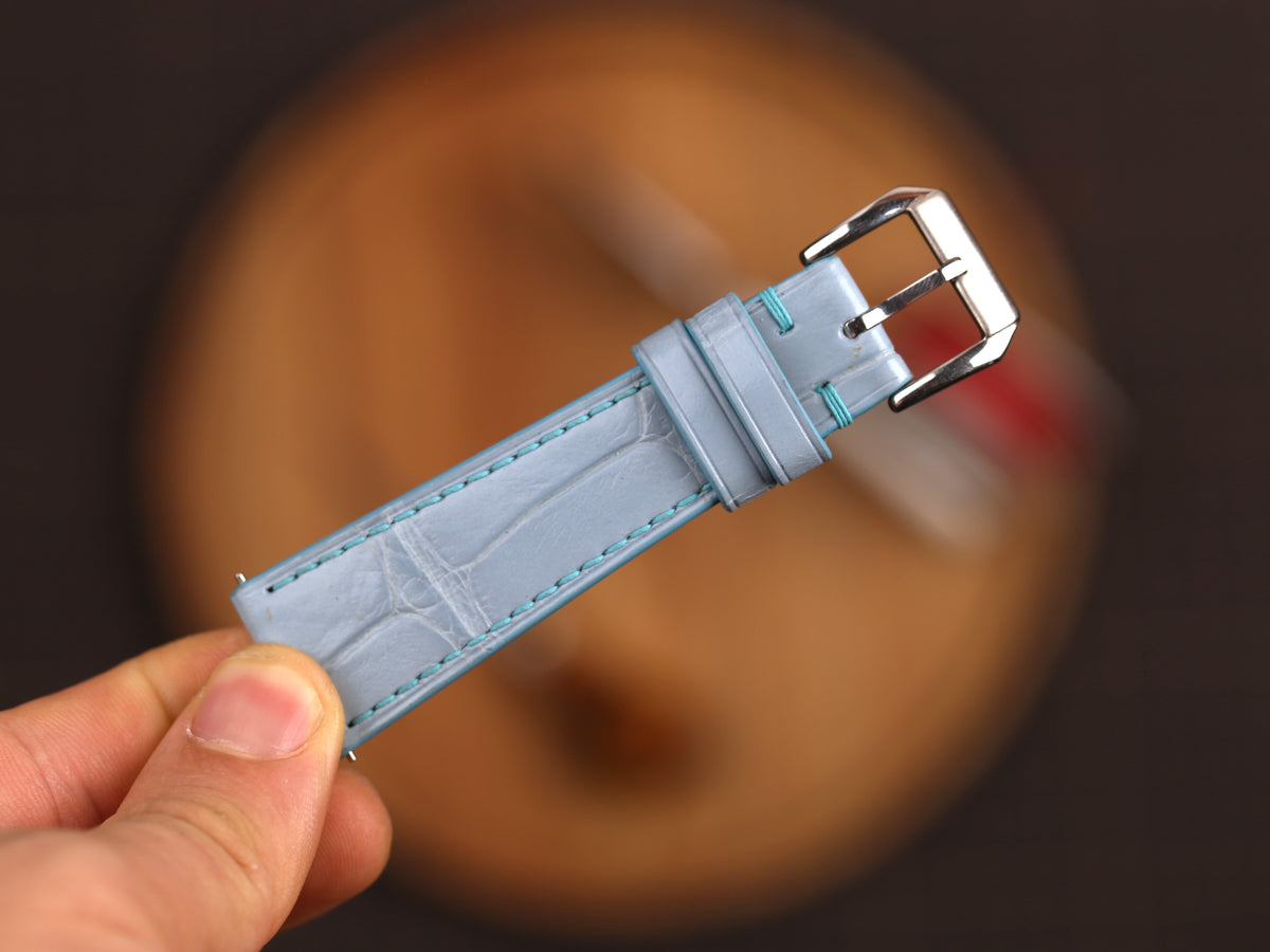 Bespoke Baby Blue Alligator Leather Watch Strap, Dress Watch Band, Flat Design