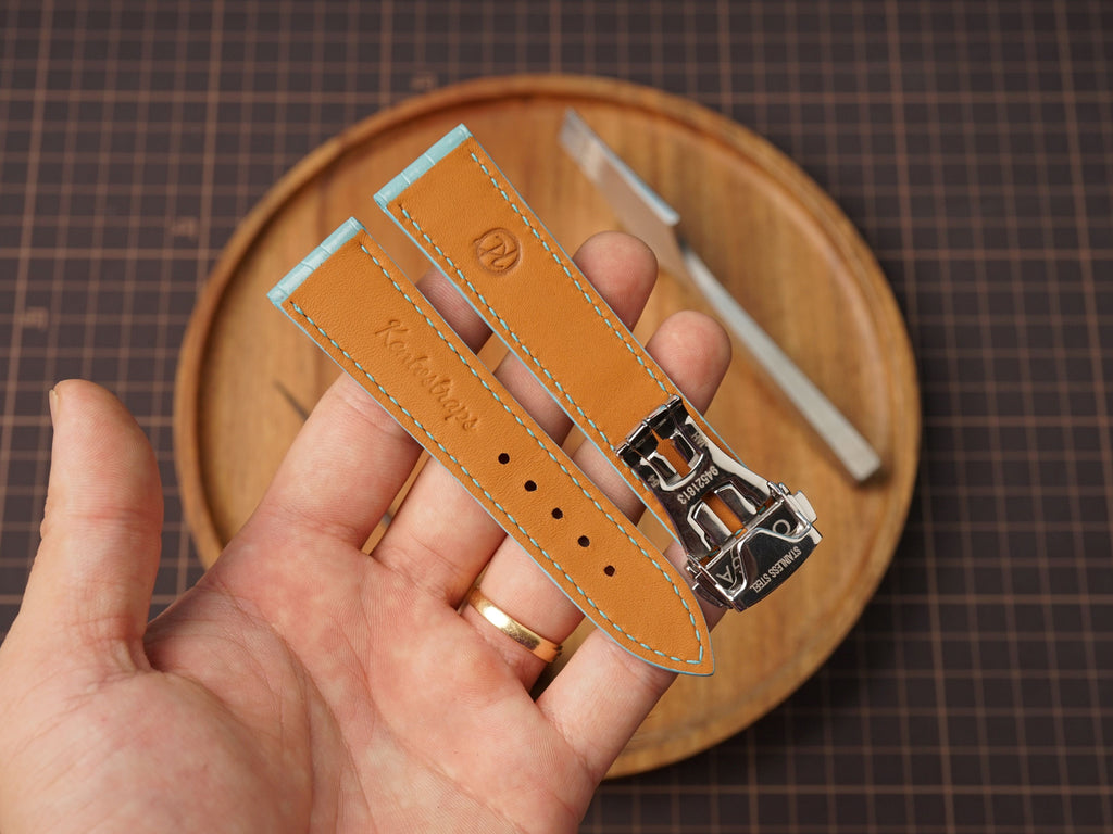 Bespoke Baby Blue Alligator Leather Watch Strap for Omega with Deployant Clasp