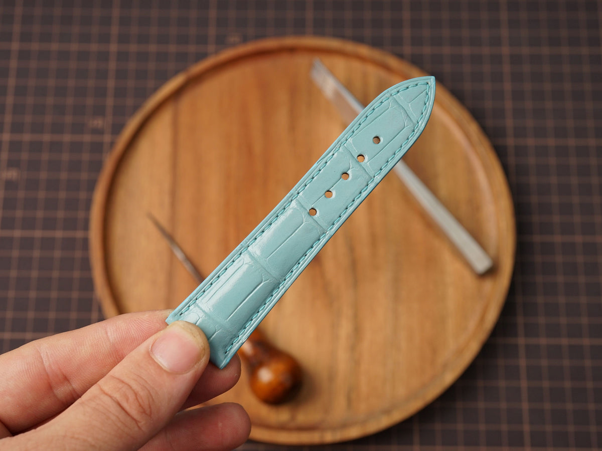 Bespoke Baby Blue Alligator Leather Watch Strap for Omega with Deployant Clasp