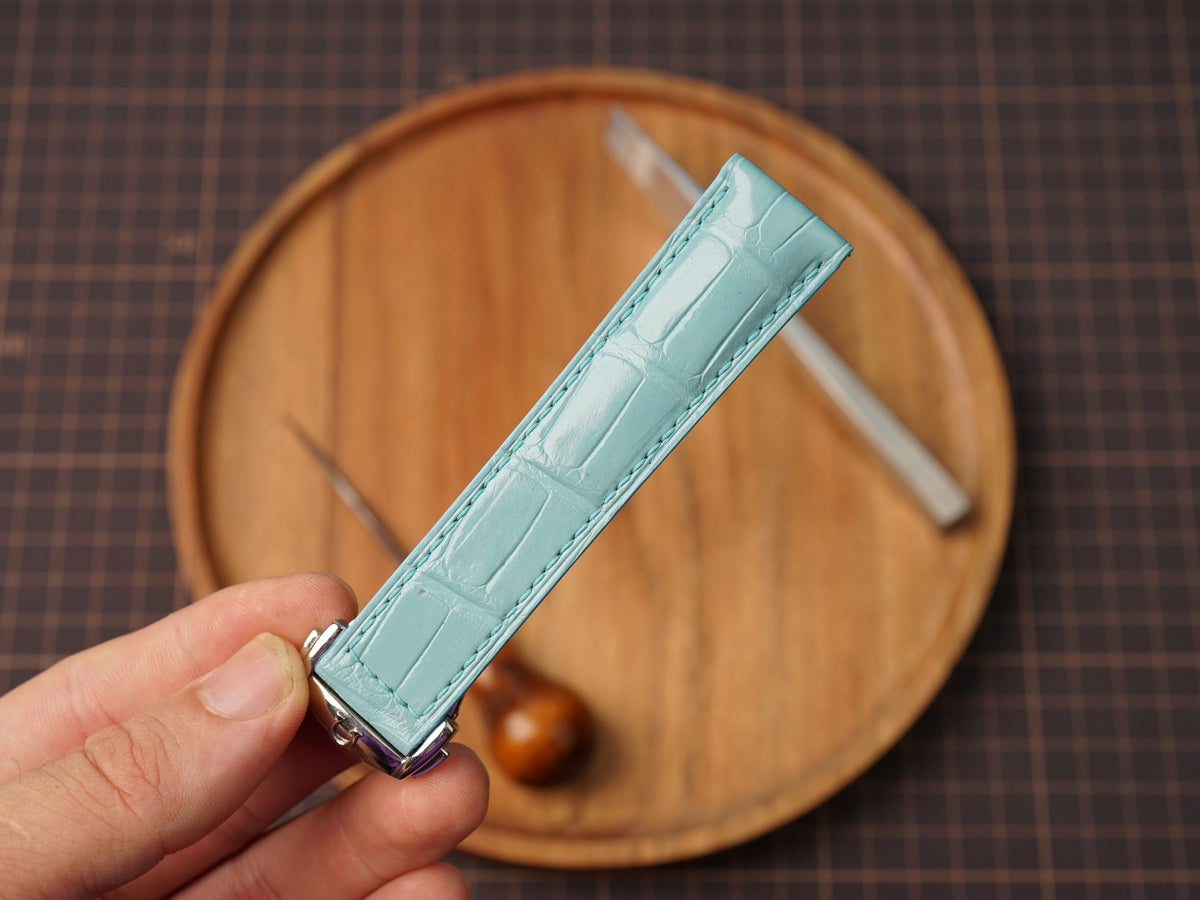Bespoke Baby Blue Alligator Leather Watch Strap for Omega with Deployant Clasp