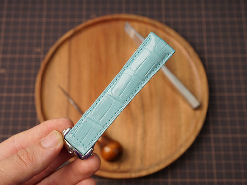 Bespoke Baby Blue Alligator Leather Watch Strap for Omega with Deployant Clasp