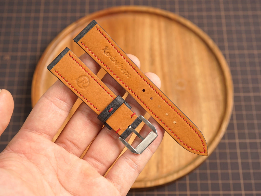 Bespoke Black Babele Leather Watch Strap with Red Stitching, Dress Watch Strap