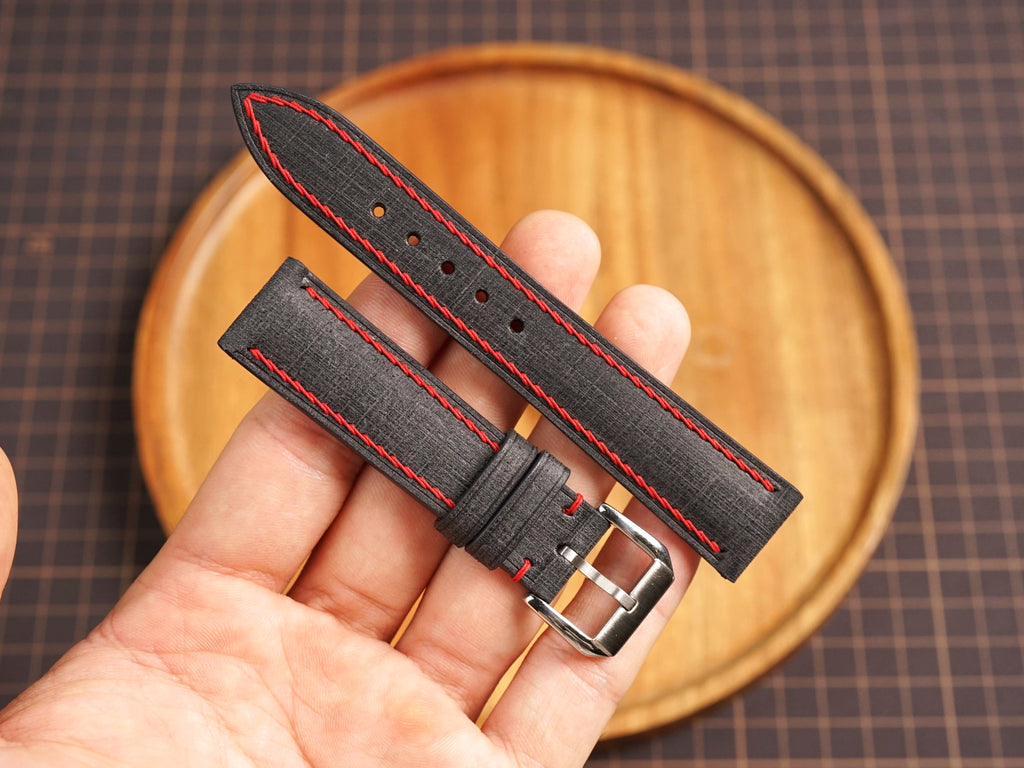 Bespoke Black Babele Leather Watch Strap with Red Stitching, Dress Watch Strap
