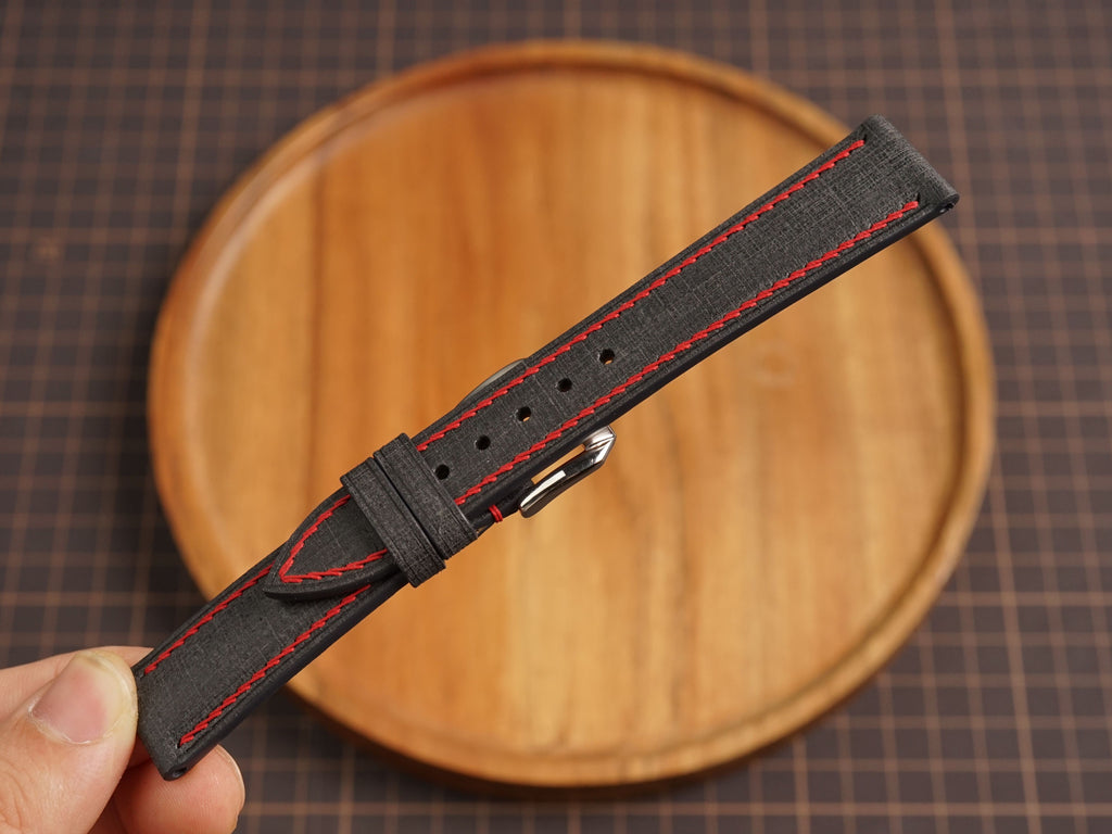 Bespoke Black Babele Leather Watch Strap with Red Stitching, Dress Watch Strap