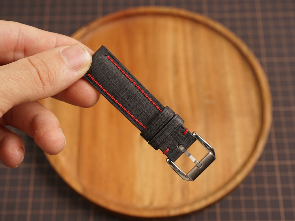 Bespoke Black Babele Leather Watch Strap with Red Stitching, Dress Watch Strap