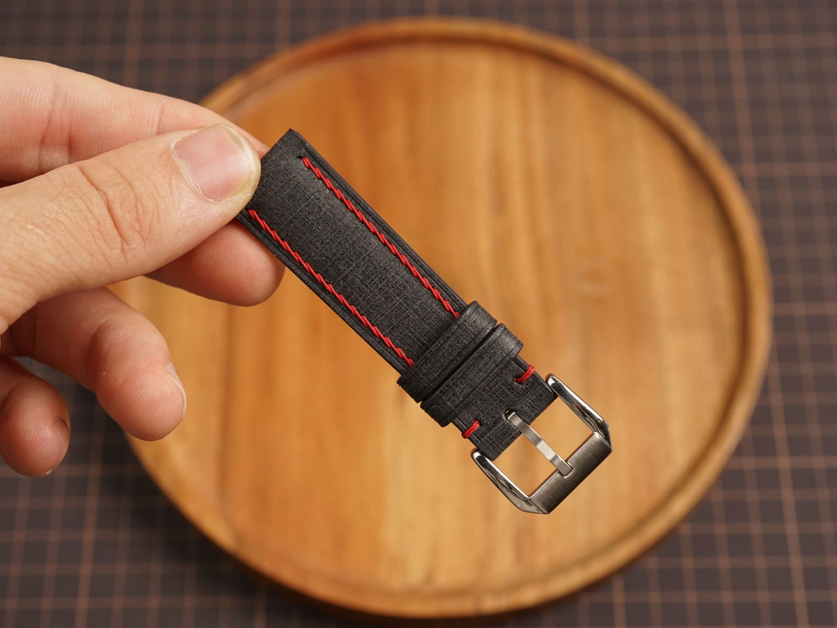 Bespoke Black Babele Leather Watch Strap with Red Stitching, Dress Watch Strap