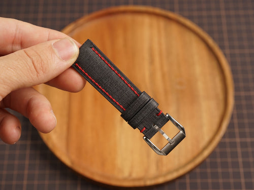 Bespoke Black Babele Leather Watch Strap with Red Stitching, Dress Watch Strap