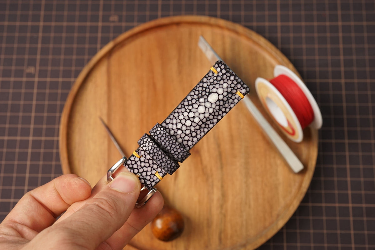 Bespoke Double Pearl Black Stingray Leather Watch Strap