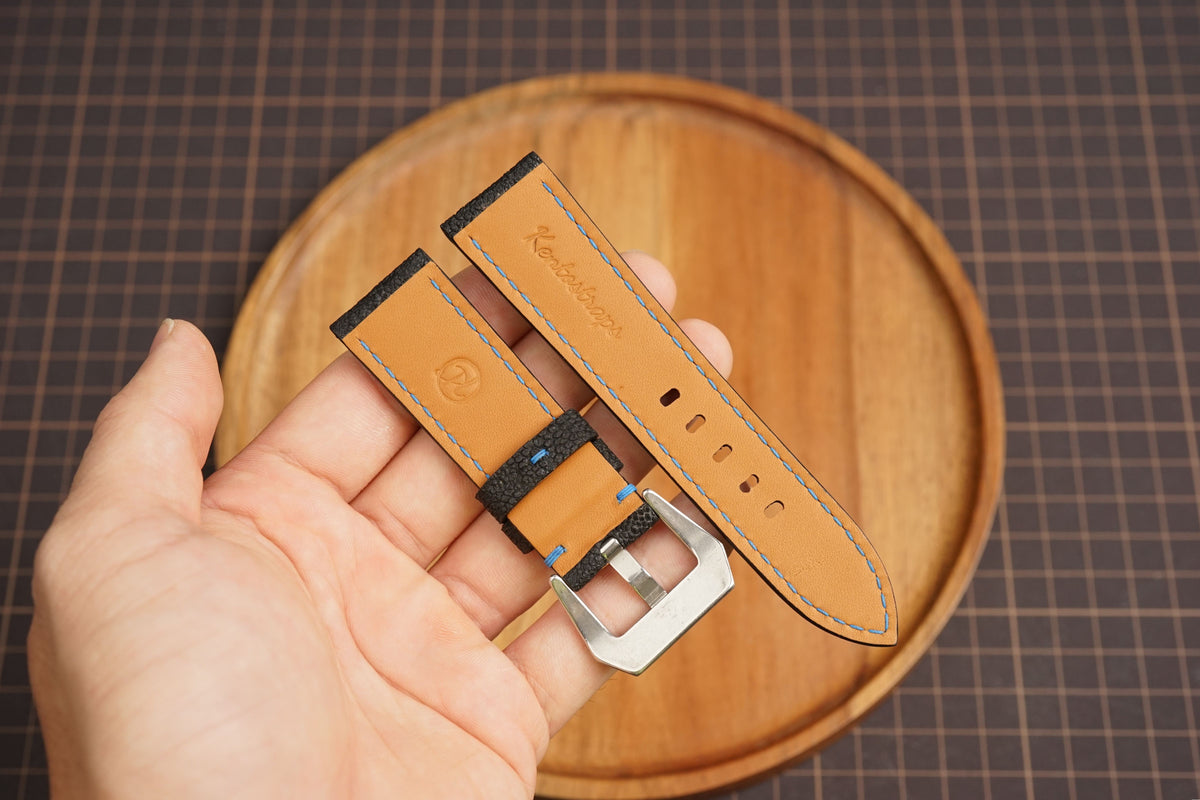 Bespoke Black Exotic Leather Watch Strap with Blue Stitching 20/22/24/26/27mm
