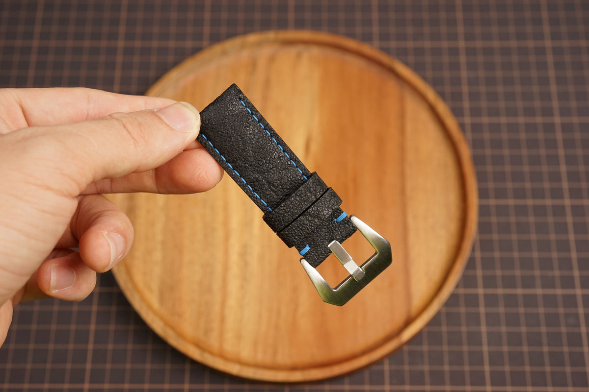 Bespoke Black Exotic Leather Watch Strap with Blue Stitching 20/22/24/26/27mm