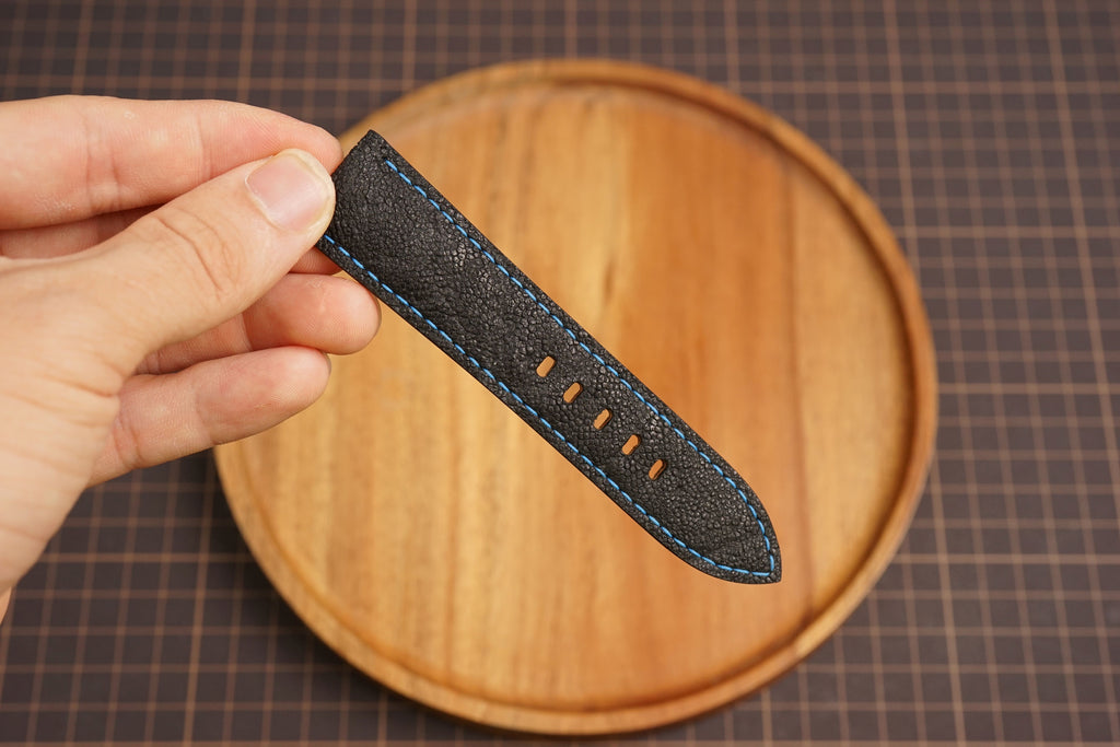 Bespoke Black Exotic Leather Watch Strap with Blue Stitching 20/22/24/26/27mm