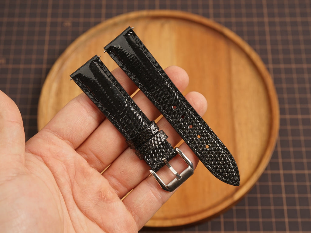 Bespoke Black Glossy Lizard Leather Watch Strap, Dress Leather Watch Band