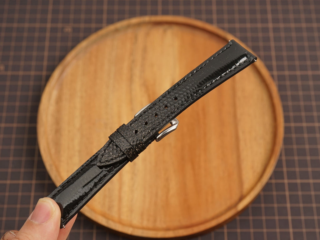 Bespoke Black Glossy Lizard Leather Watch Strap, Dress Leather Watch Band