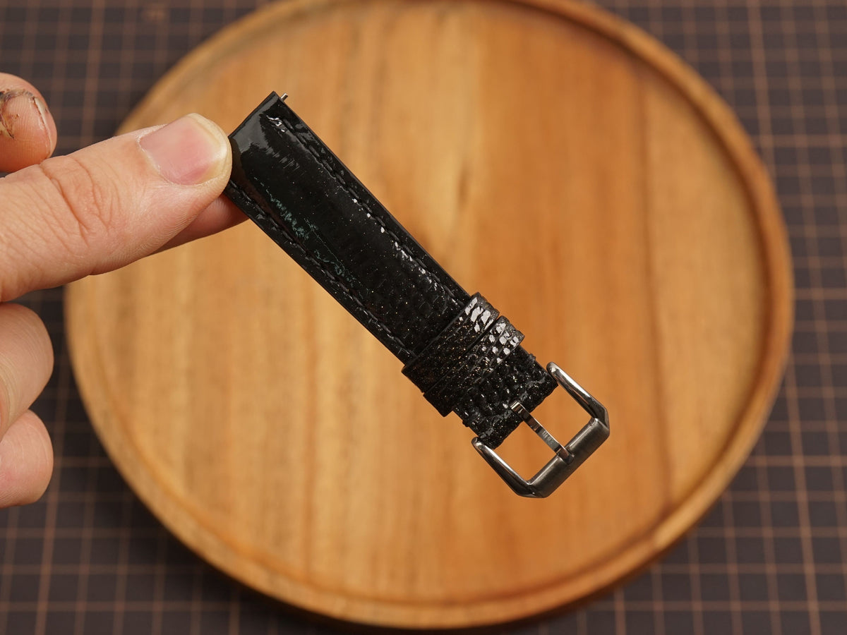 Bespoke Black Glossy Lizard Leather Watch Strap, Dress Leather Watch Band
