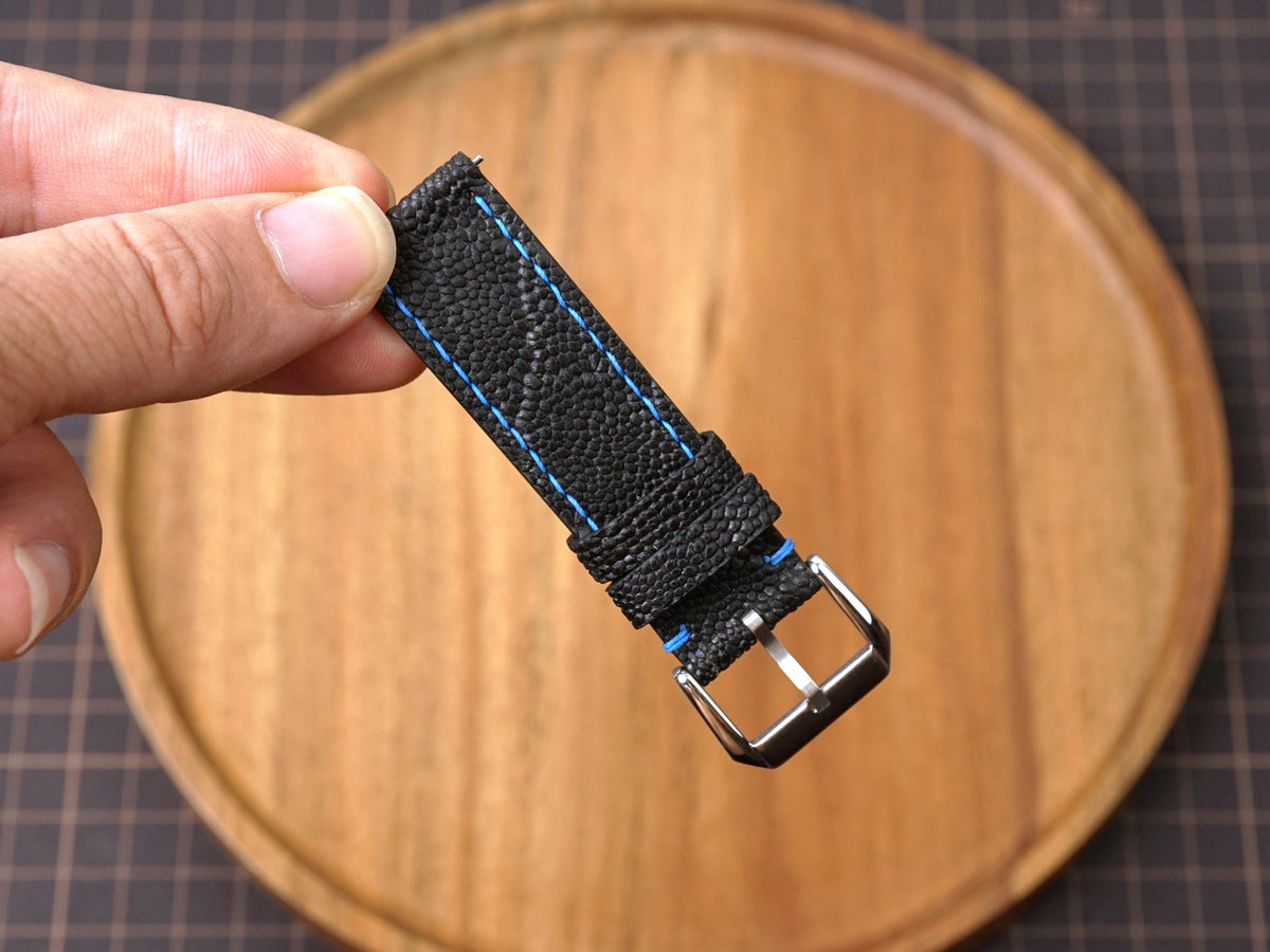 Bespoke Black Nubuck Exotic Leather Watch Strap with Blue Stitching, Dress Watch Band