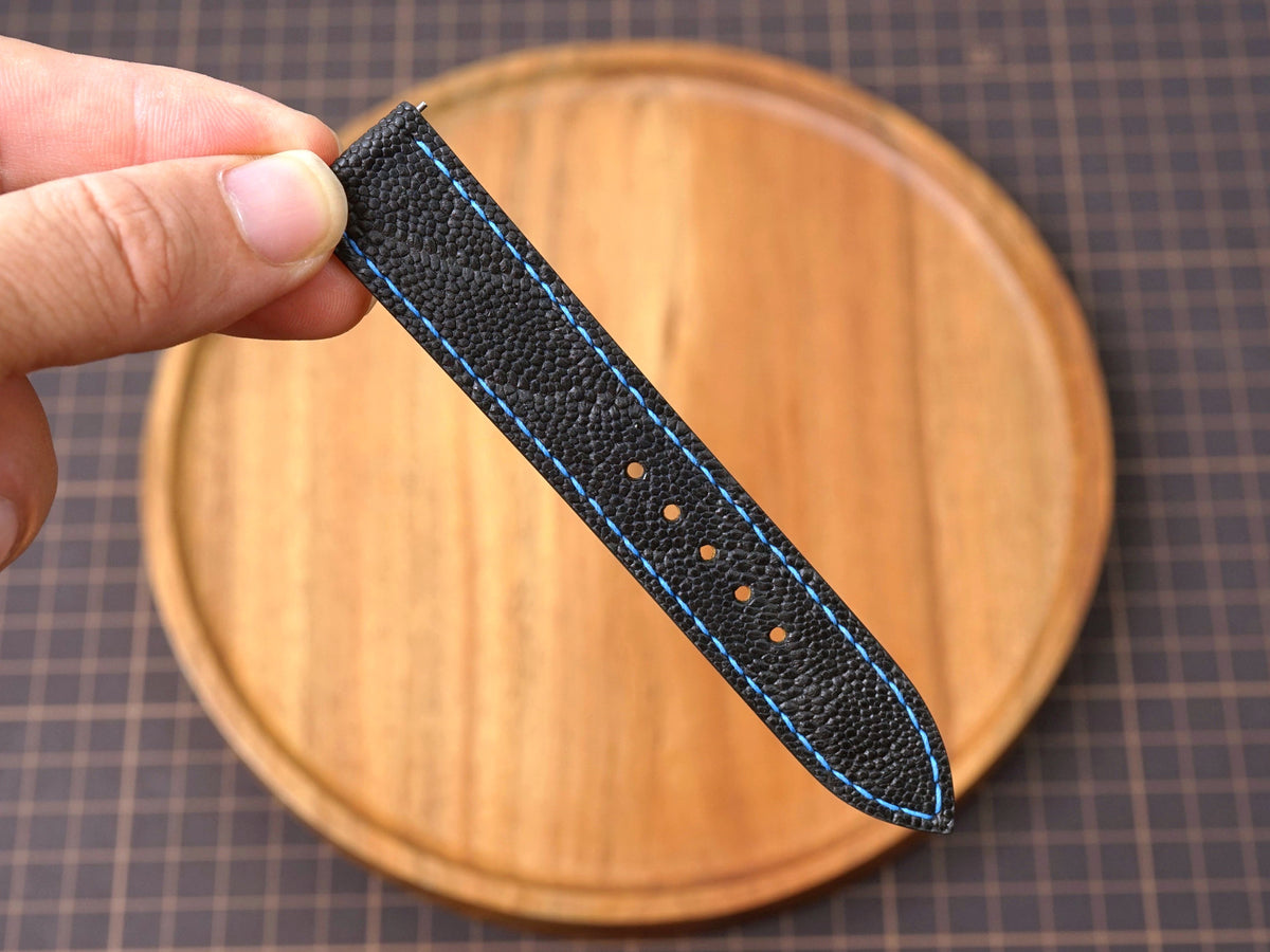 Bespoke Black Nubuck Exotic Leather Watch Strap with Blue Stitching, Dress Watch Band