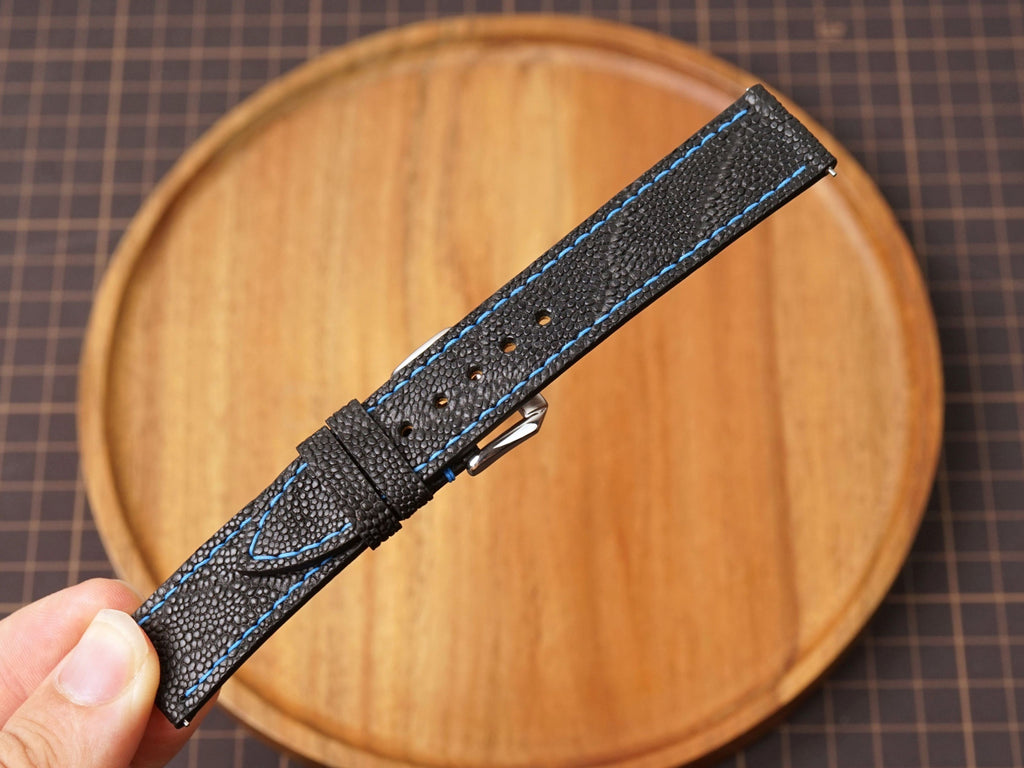 Bespoke Black Nubuck Exotic Leather Watch Strap with Blue Stitching, Dress Watch Band