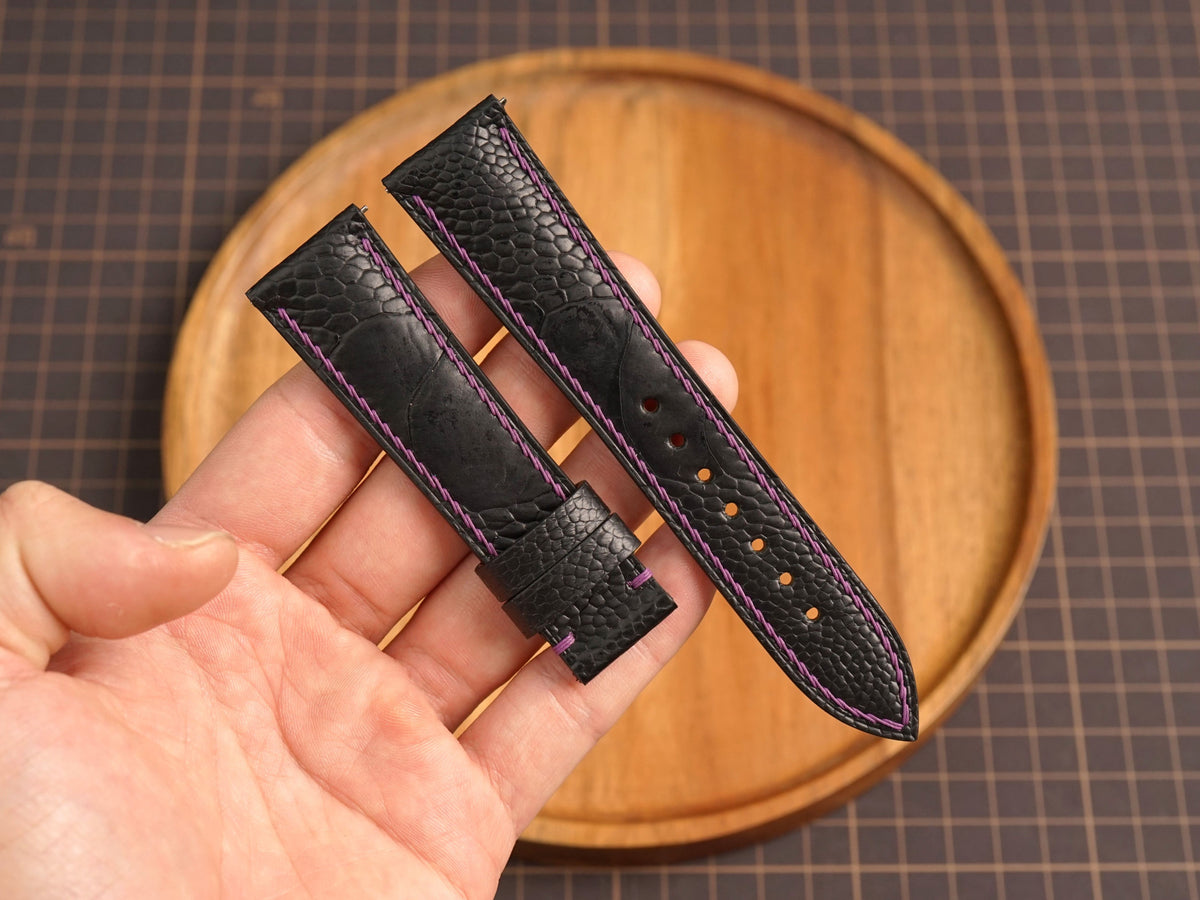 Bespoke Black Nubuck Ostrich Leather Watch Strap with Purple Stitching