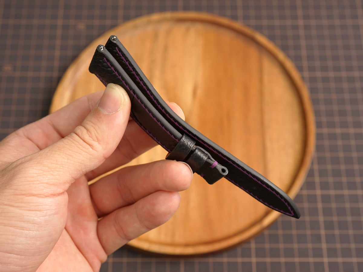 Bespoke Black Nubuck Ostrich Leather Watch Strap with Purple Stitching