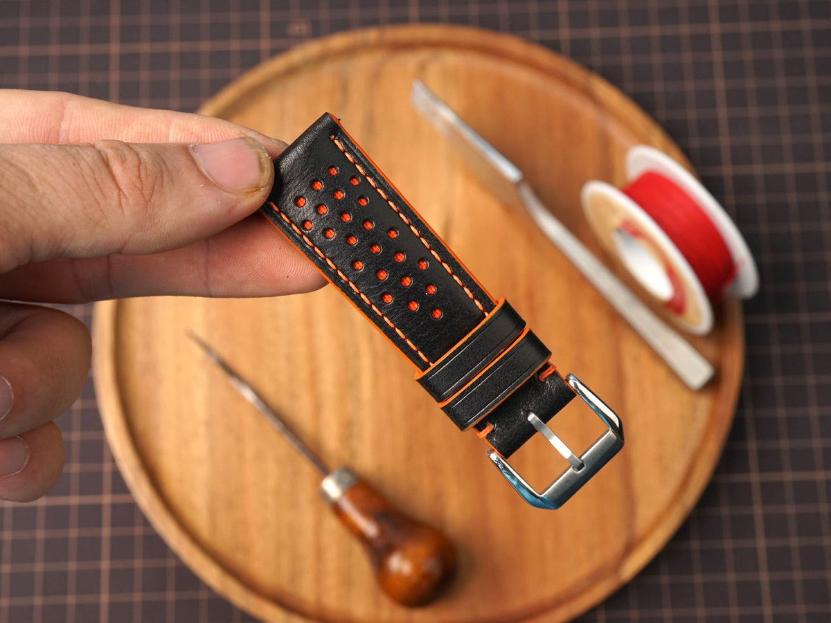 Bespoke Black Orange Rally Racing Buttero Leather Watch Strap, Perforated Watch Band