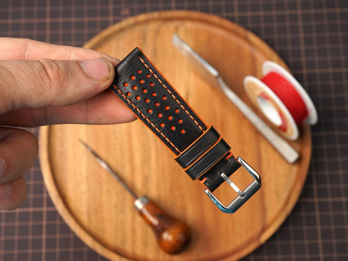 Bespoke Black Orange Rally Racing Buttero Leather Watch Strap, Perforated Watch Band