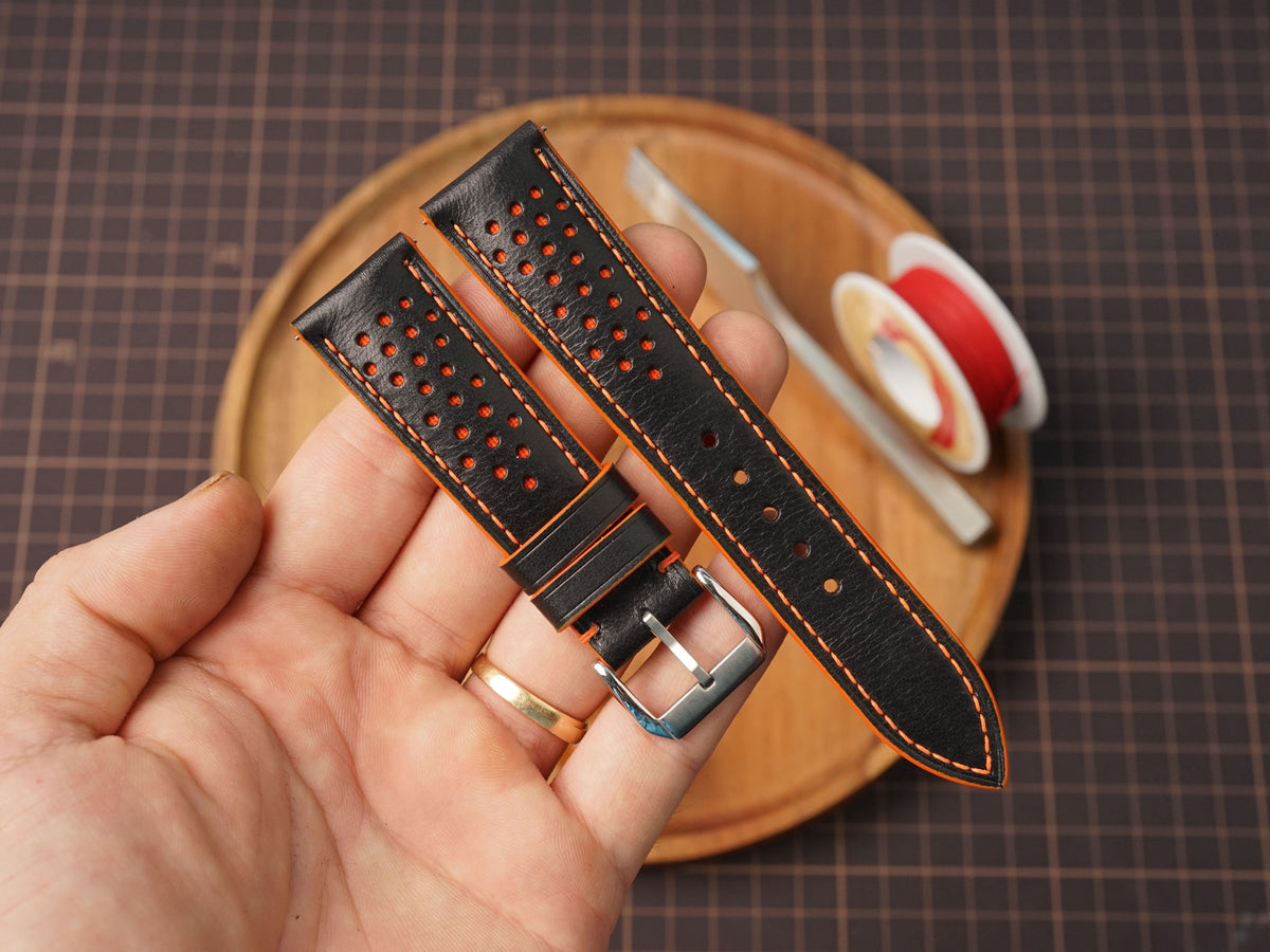 Bespoke Black Orange Rally Racing Buttero Leather Watch Strap, Perforated Watch Band