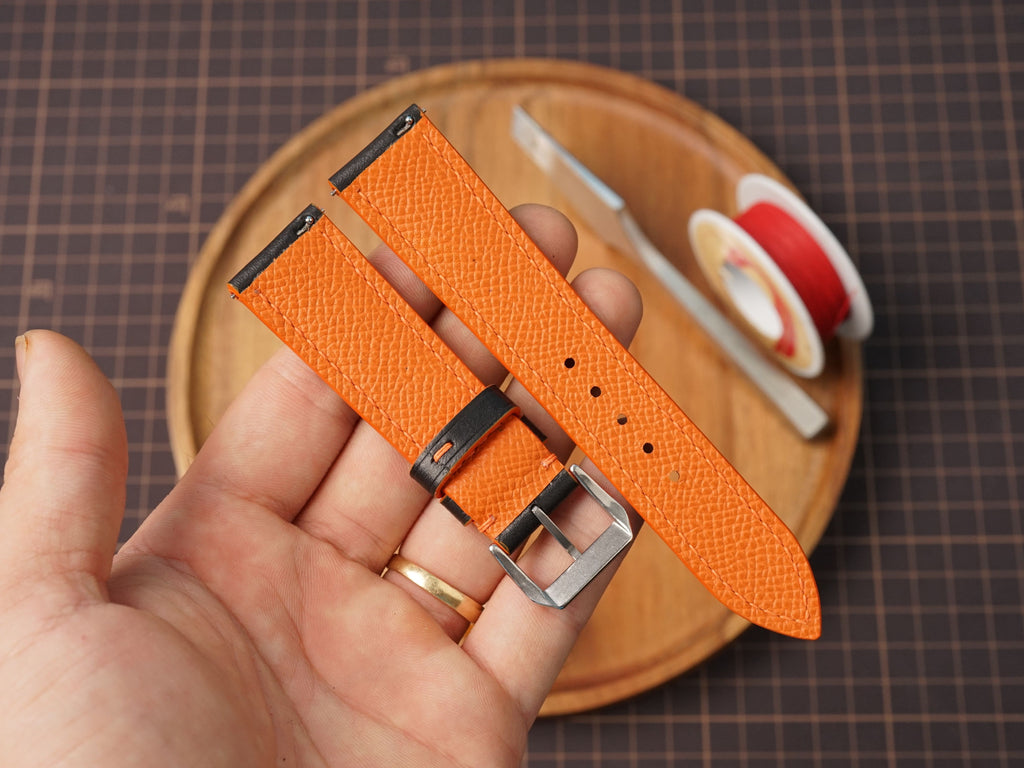 Bespoke Black Orange Rally Racing Buttero Leather Watch Strap, Perforated Watch Band