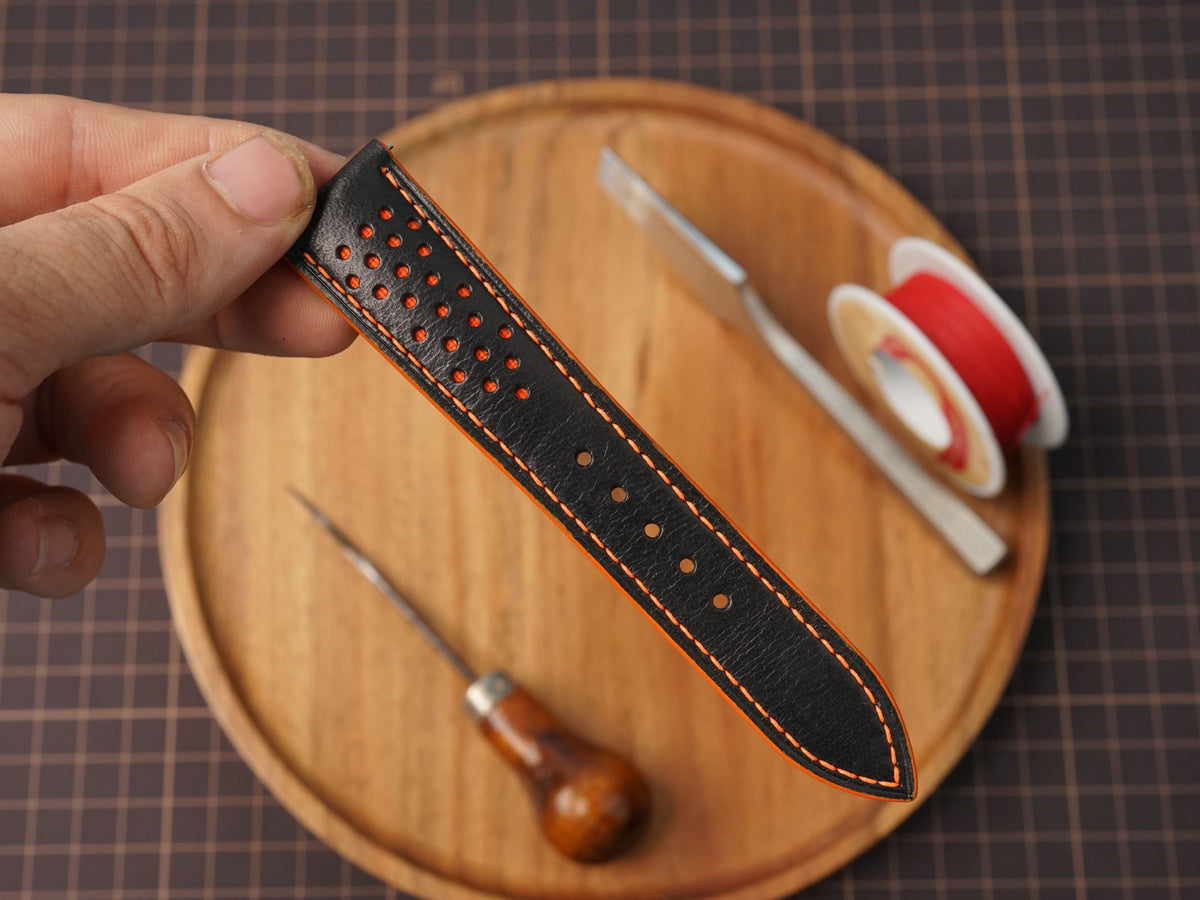 Bespoke Black Orange Rally Racing Buttero Leather Watch Strap, Perforated Watch Band