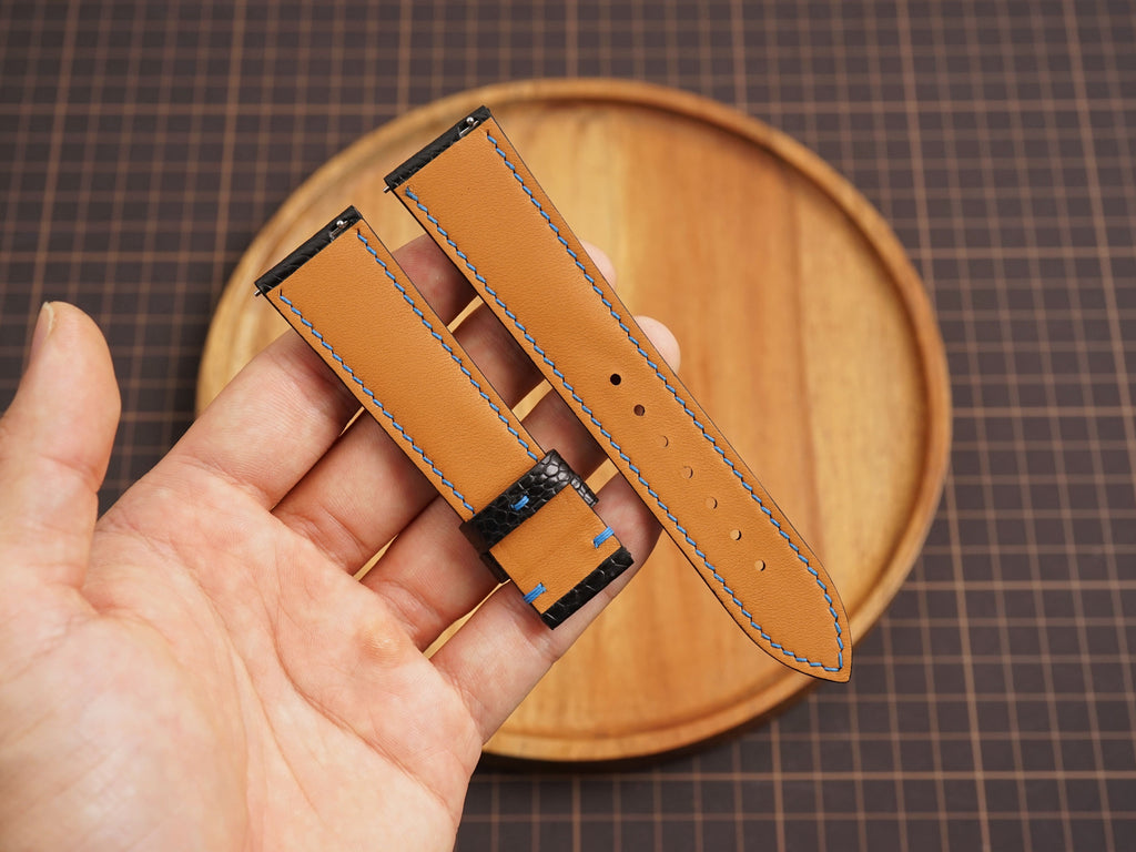 Bespoke Black Ostrich Leather Watch Strap with Blue Thread, Dress Watch Strap