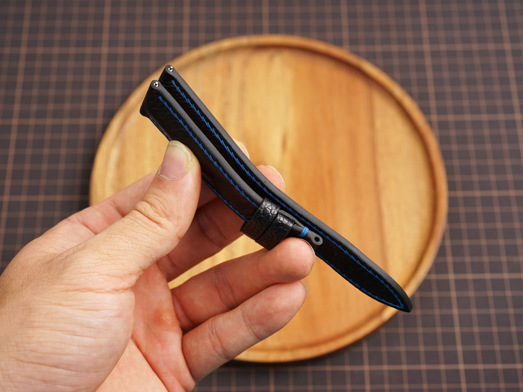 Bespoke Black Ostrich Leather Watch Strap with Blue Thread, Dress Watch Strap