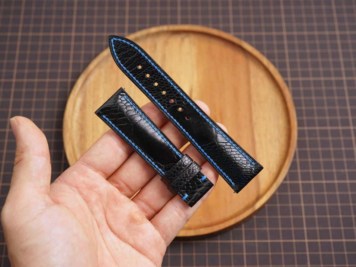 Bespoke Black Ostrich Leather Watch Strap with Blue Thread, Dress Watch Strap