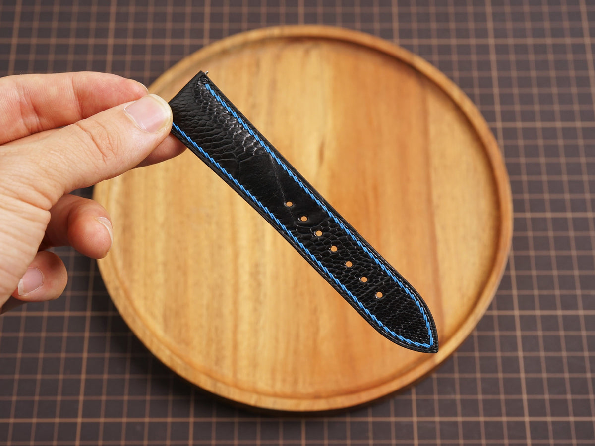 Bespoke Black Ostrich Leather Watch Strap with Blue Thread, Dress Watch Strap