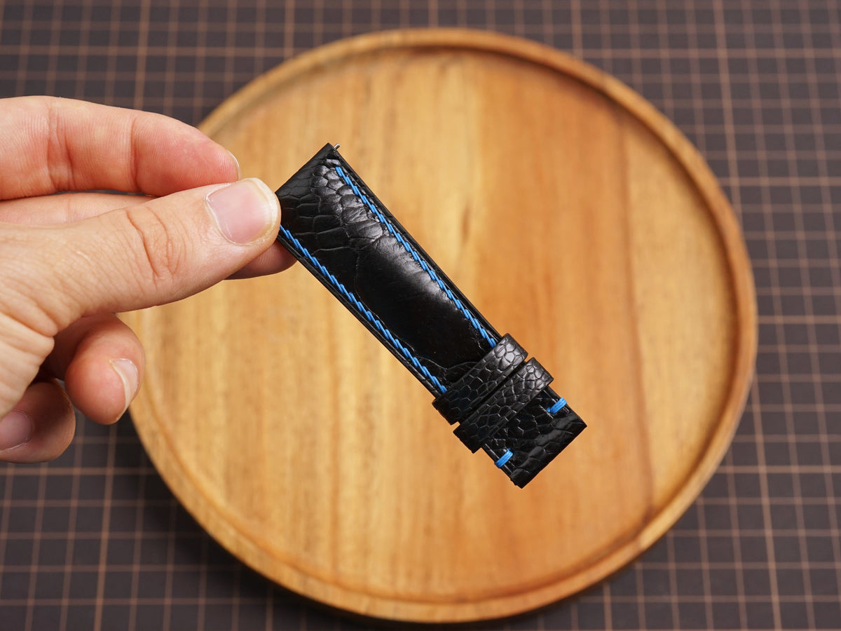 Bespoke Black Ostrich Leather Watch Strap with Blue Thread, Dress Watch Strap