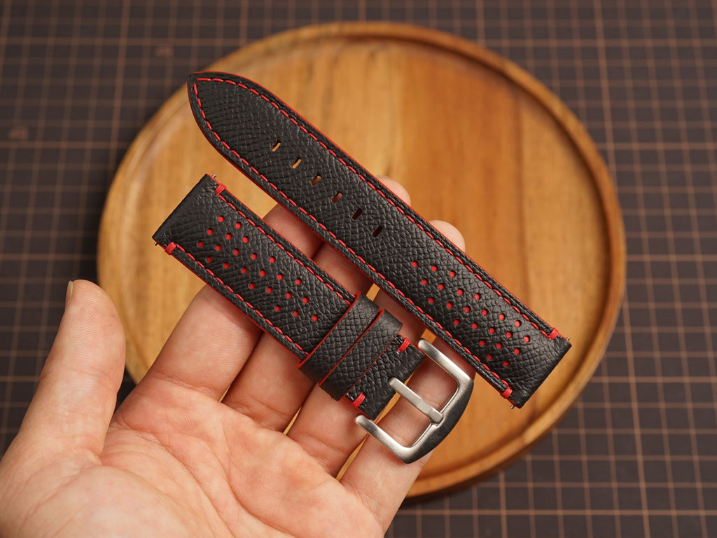 Bespoke Black Red Rally Perforated Epsom Leather Watch Strap