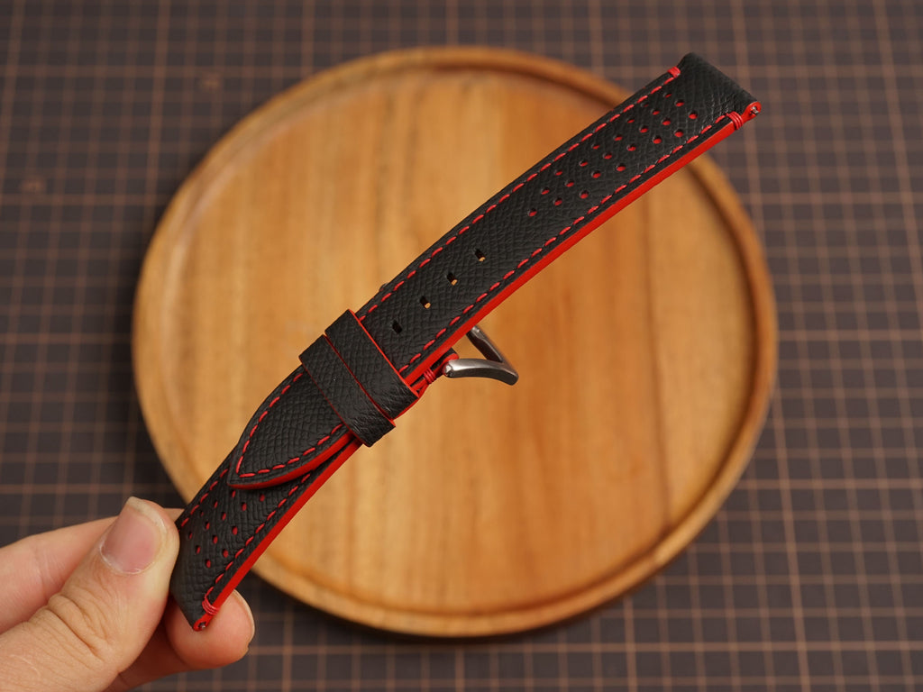 Bespoke Black Red Rally Perforated Epsom Leather Watch Strap