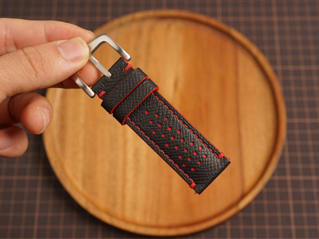 Bespoke Black Red Rally Perforated Epsom Leather Watch Strap