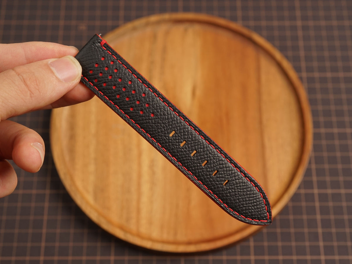 Bespoke Black Red Rally Perforated Epsom Leather Watch Strap