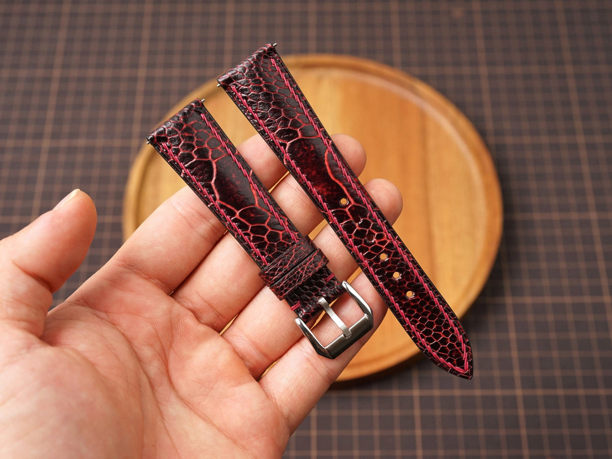 Bespoke Black Red Exotic Ostrich Leather Watch Strap