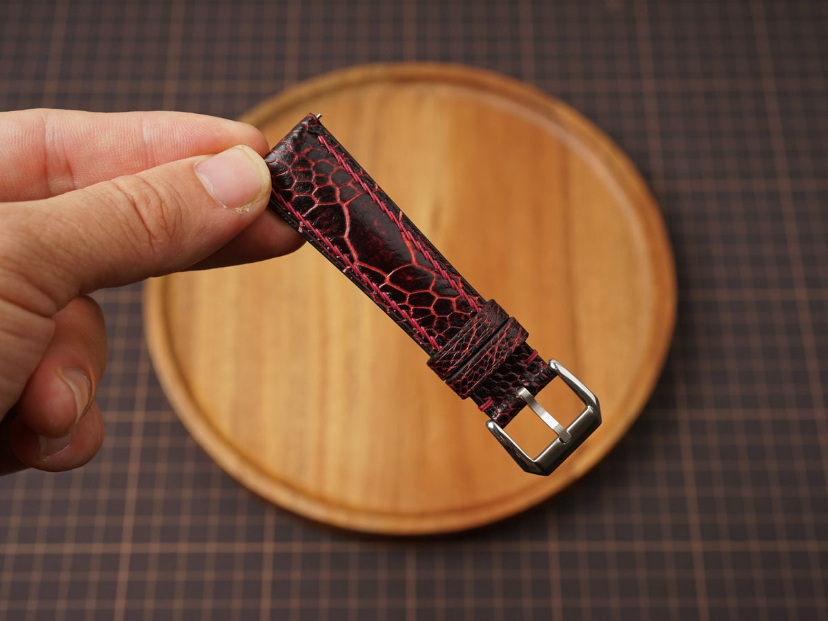 Bespoke Black Red Exotic Ostrich Leather Watch Strap
