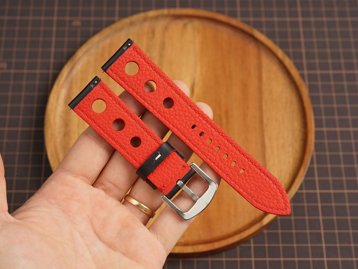 Bespoke Black Red Rally Racing Buttero Leather Watch Strap, Perforated Watch Band