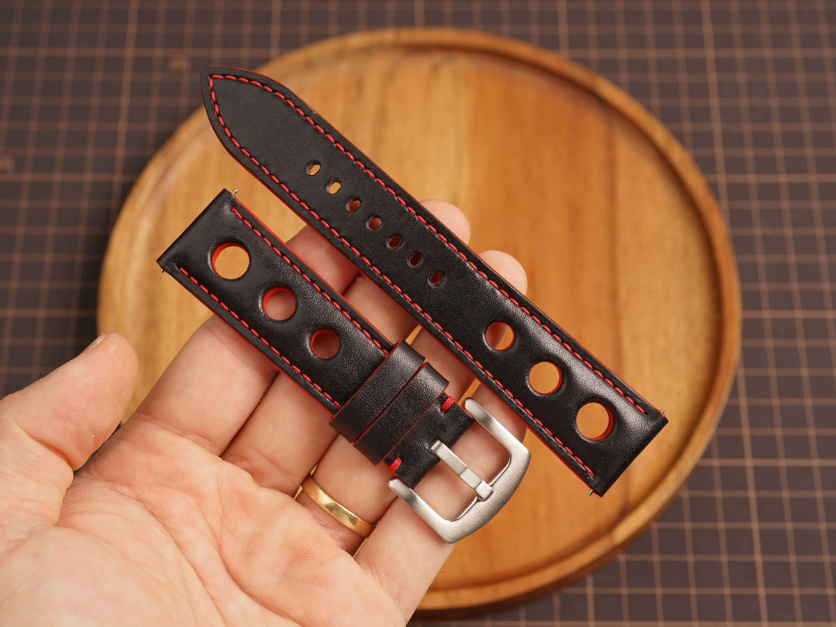 Bespoke Black Red Rally Racing Buttero Leather Watch Strap, Perforated Watch Band