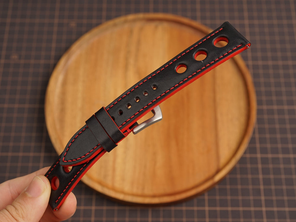 Bespoke Black Red Rally Racing Buttero Leather Watch Strap, Perforated Watch Band