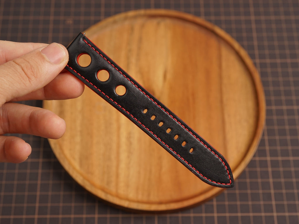 Bespoke Black Red Rally Racing Buttero Leather Watch Strap, Perforated Watch Band
