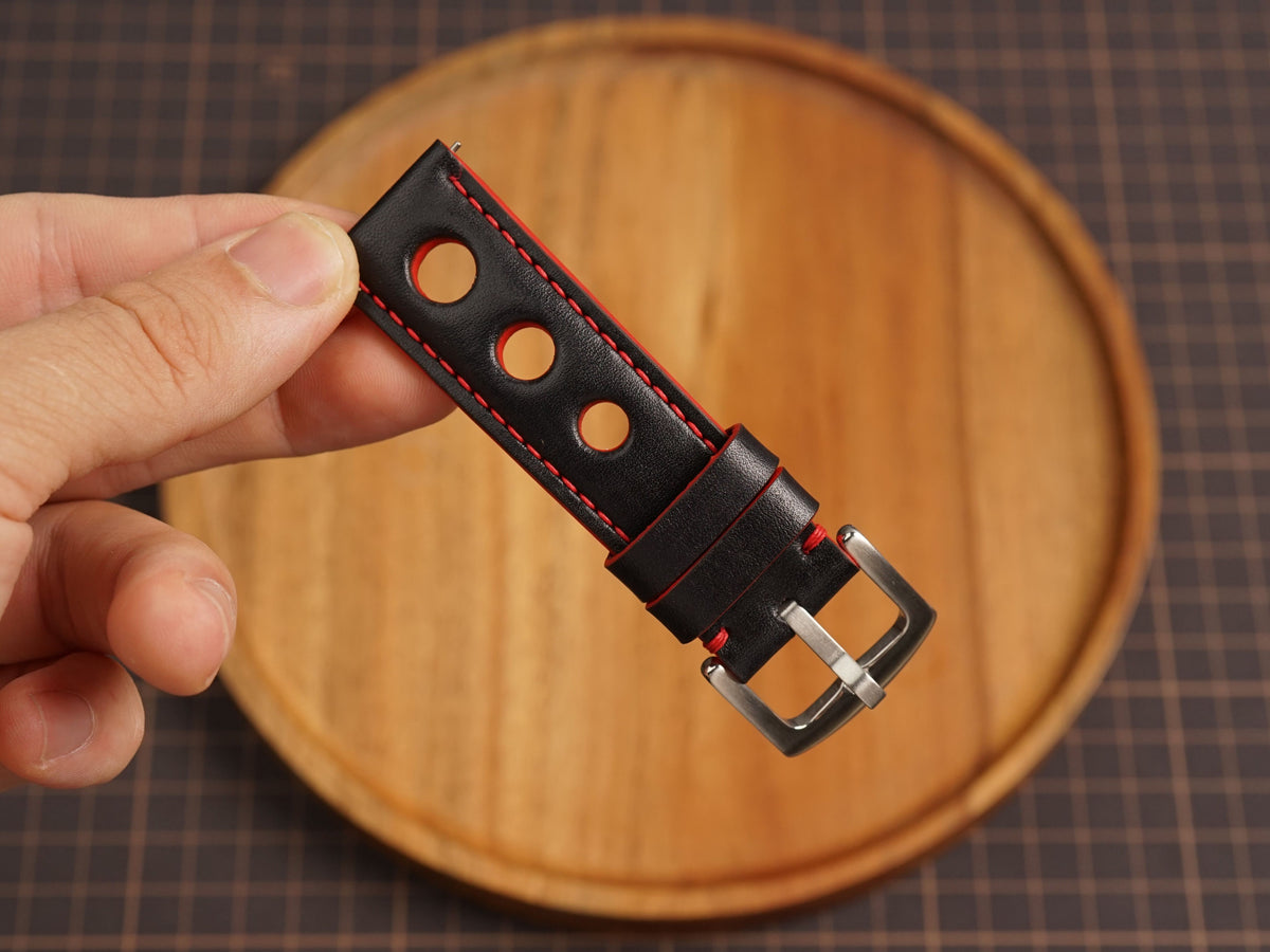 Bespoke Black Red Rally Racing Buttero Leather Watch Strap, Perforated Watch Band