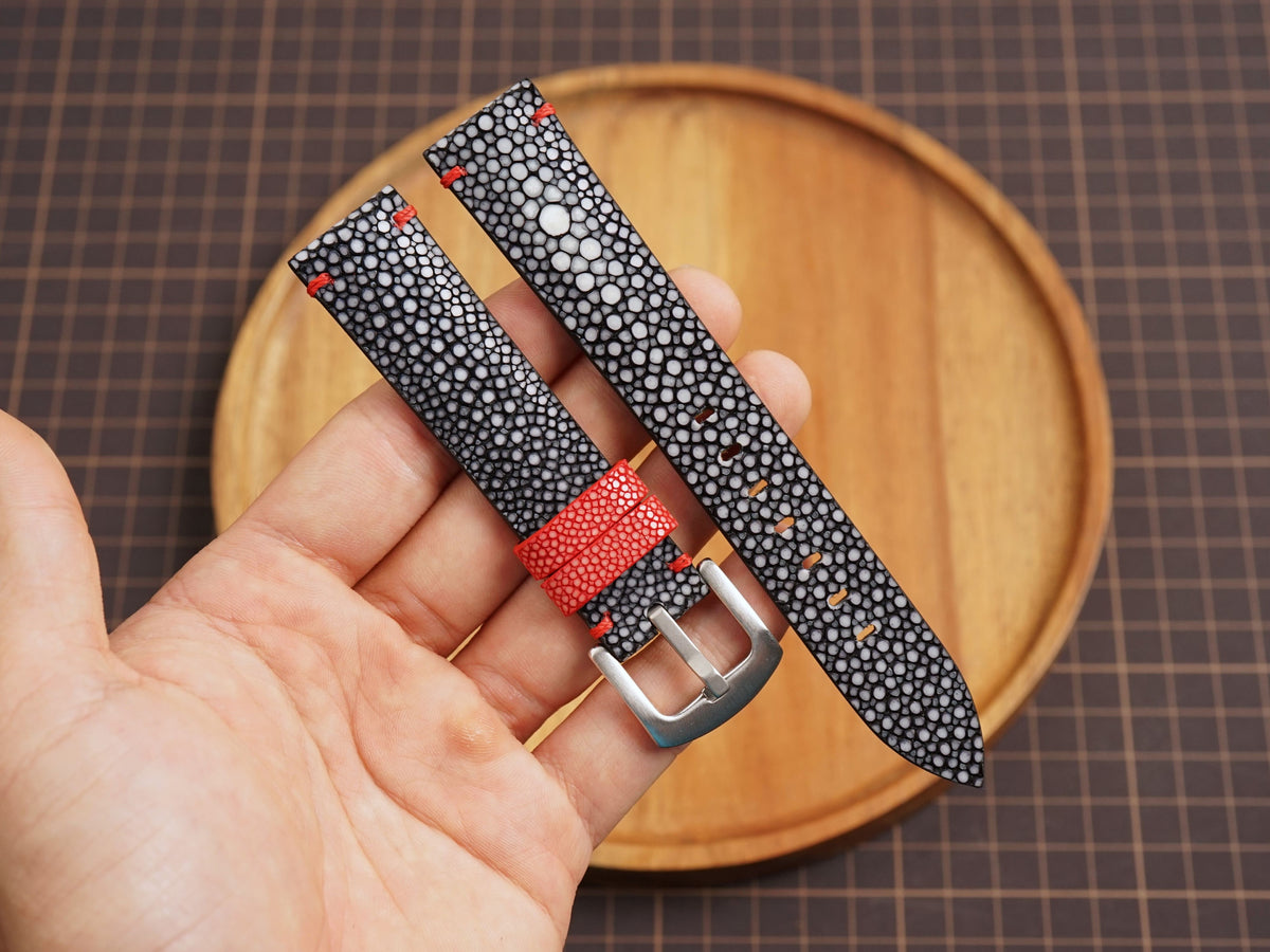 Bespoke Black Red Stingray Leather Watch Strap, Diver Leather Watch Band