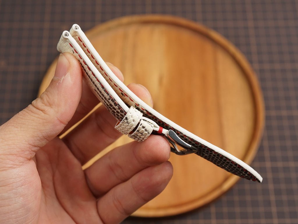 Bespoke Black White Lizard Leather Watch Strap with Red Stitching, Dress Watch Band