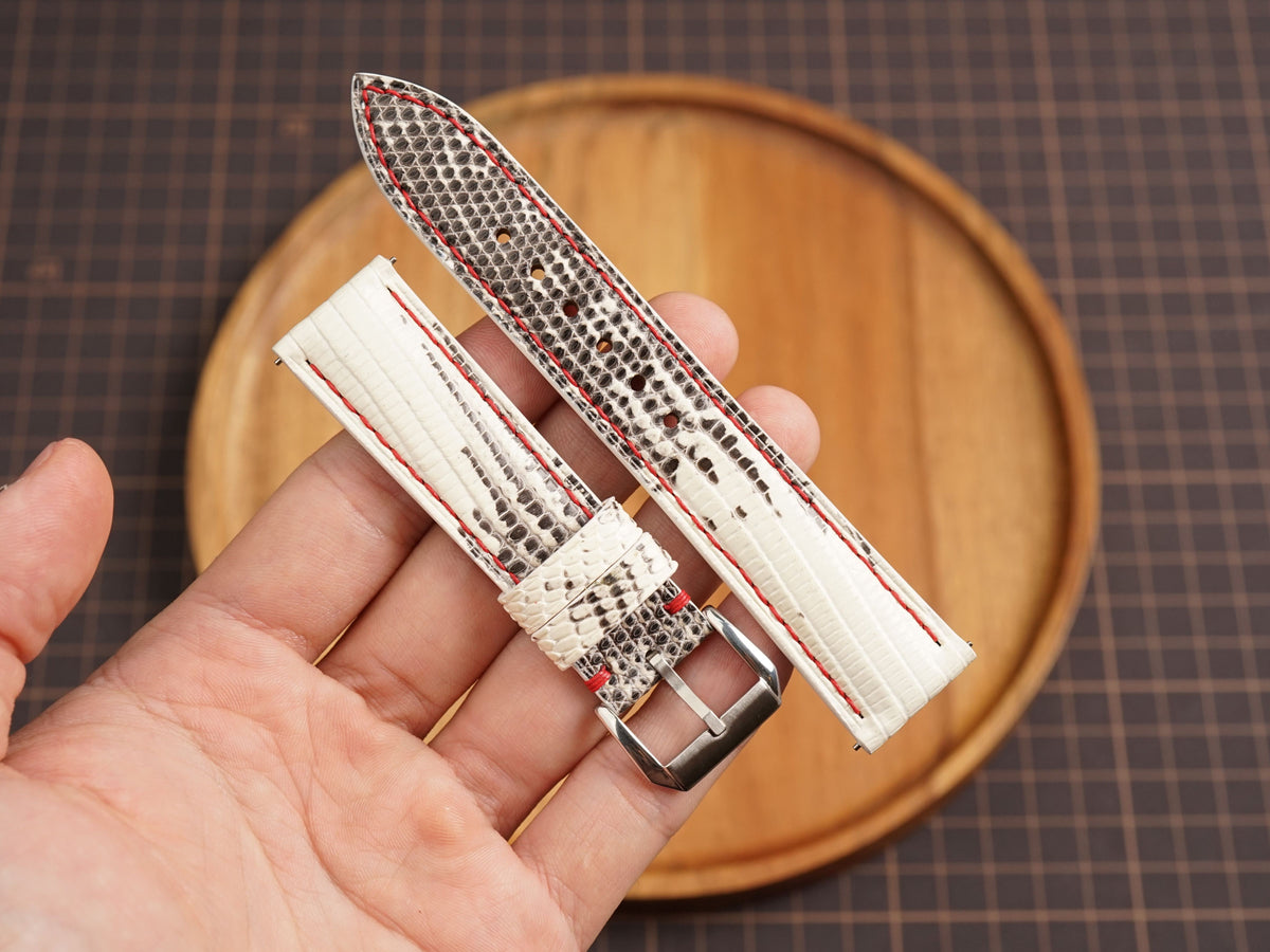 Bespoke Black White Lizard Leather Watch Strap with Red Stitching, Dress Watch Band