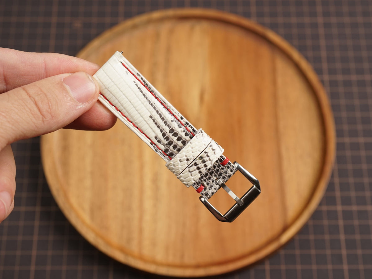 Bespoke Black White Lizard Leather Watch Strap with Red Stitching, Dress Watch Band